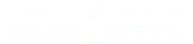 - SPECULUM - THE INSTALLATION WAS MADE IN COLLABORATION WITH STUDENTS AT STENEBY SKOLAN IN SWEDEN. OUR CONCEPT WAS TO SHOW OUR WORK PROCESS AND COLLABORATION, THEREFORE THE PROJECTED VIDEOS WERE FILMED WHILE WE WERE BRAINSTORMING, PROTOTYPING AND WORKING ON THE CREATION OF THE METAL SCULPTURE ON WHICH THE VIDEOS WERE PROJECTED.